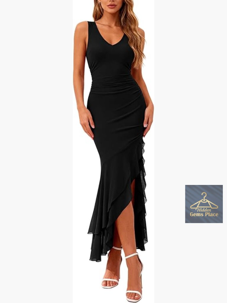 Sleeveless V Neck Bodycon Ruched Maxi Dress Cocktail Party